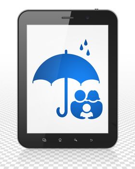 Protection concept: Tablet Pc Computer with blue Family And Umbrella icon on display, 3D rendering