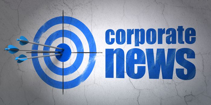 Success news concept: arrows hitting the center of target, Blue Corporate News on wall background, 3D rendering