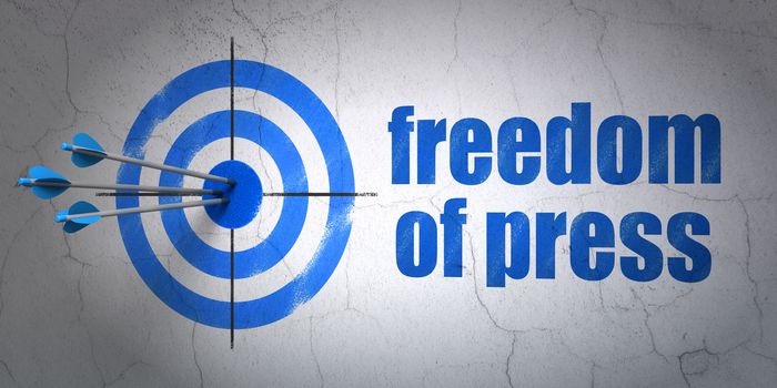 Success politics concept: arrows hitting the center of target, Blue Freedom Of Press on wall background, 3D rendering