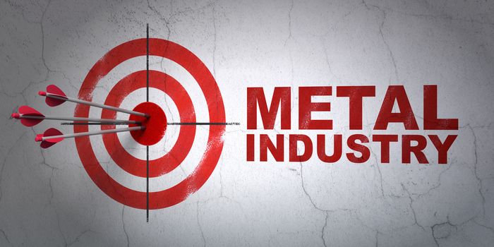 Success Manufacuring concept: arrows hitting the center of target, Red Metal Industry on wall background, 3D rendering