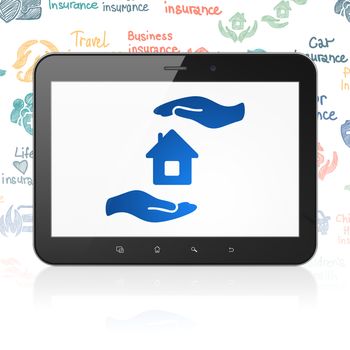 Insurance concept: Tablet Computer with  blue House And Palm icon on display,  Hand Drawn Insurance Icons background, 3D rendering