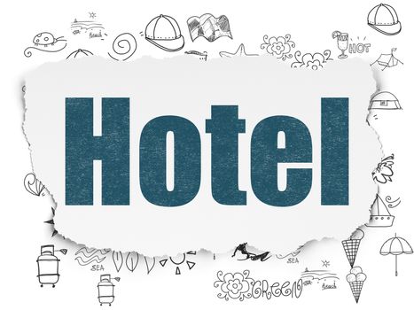 Travel concept: Painted blue text Hotel on Torn Paper background with  Hand Drawn Vacation Icons