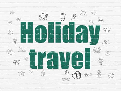 Vacation concept: Painted green text Holiday Travel on White Brick wall background with  Hand Drawn Vacation Icons