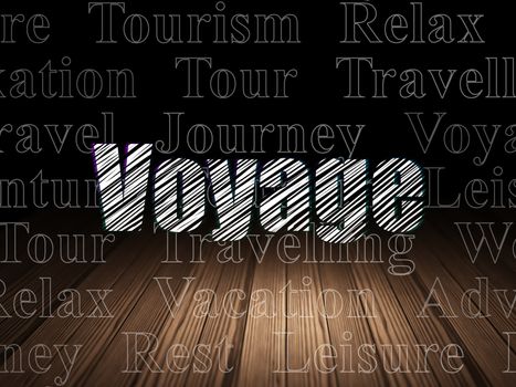 Vacation concept: Glowing text Voyage in grunge dark room with Wooden Floor, black background with  Tag Cloud