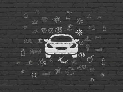 Tourism concept: Painted white Car icon on Black Brick wall background with  Hand Drawn Vacation Icons