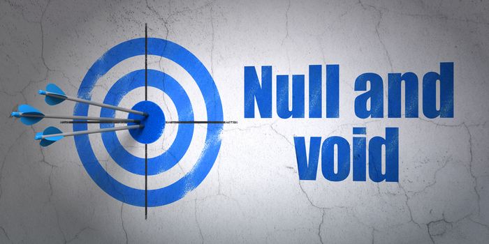 Success law concept: arrows hitting the center of target, Blue Null And Void on wall background, 3D rendering