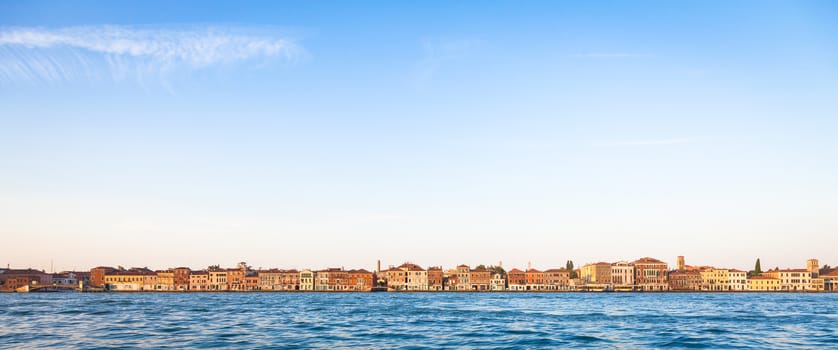 Unusual view at sunrise of Venice, Italy. Copy space.