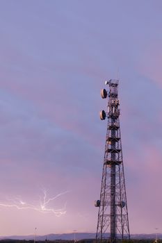 Radio tower during a storm with lightning in Redbank Plains, Brisbane, Queensland.