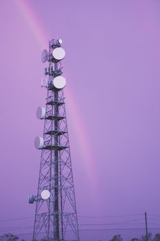 Radio tower in the after a storm with a rainbow in Redbank Plains, Brisbane, Queensland.