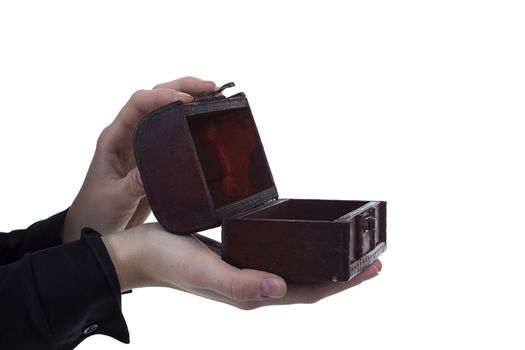 Antique casket in female hands on a white background