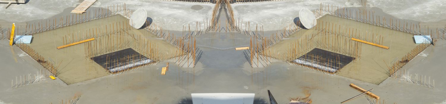Foundation building of steel and concrete for the construction of an apartment building with underground parking.