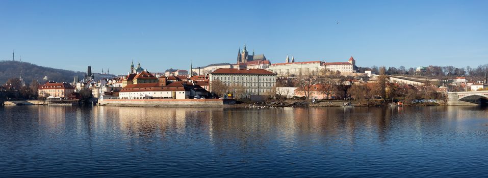View of the Cathedral of St. Vitus, Prague castle and the Vltava River in advent christmas time, Prague cityscape, Czech Republic.