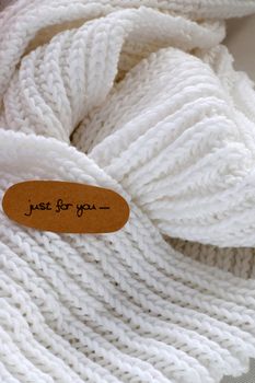 Diy handmade gift for mother with love, knit white scarf  from yarn make warm in cold day of winter season