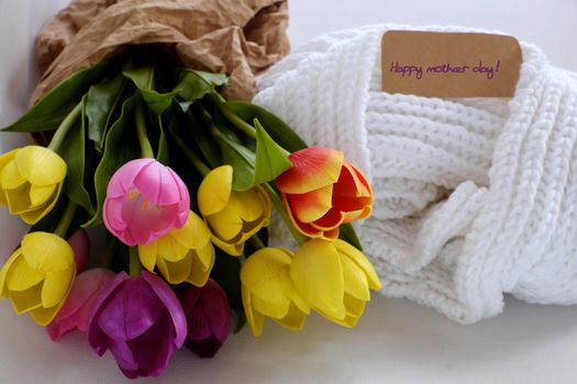 Happy mother day with meaningful handmade gift include knitted white scarf and tulip flower bouquet from clay, gratitude and thank mom for love in special day