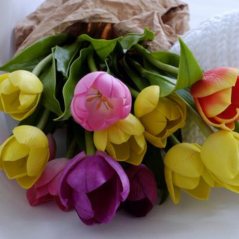 Happy mother day with meaningful handmade gift include knitted white scarf and tulip flower bouquet from clay, gratitude and thank mom for love in special day