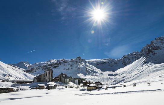 Llandscape and ski resort in French Alps,Tignes, Le Clavet, Tarentaise, France 