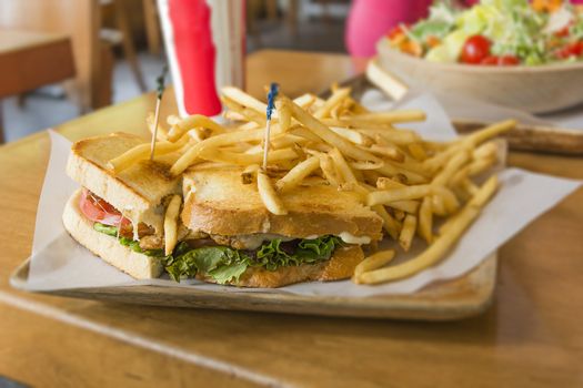 Tasty sandwich with fries and ketchup, closeup