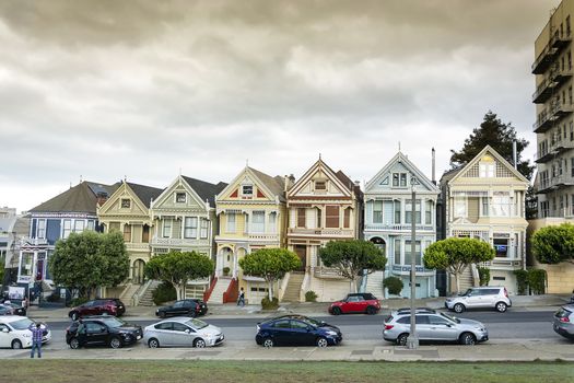 San Francisco, CA, USA, october 26, 2016: World famous row of Victorian homes known as the Painted Ladies