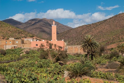 Small village with a mosque in the valley of Atlas mountains, in an oasis with palm trees and many cactus plants. Blue sky with some clouds.