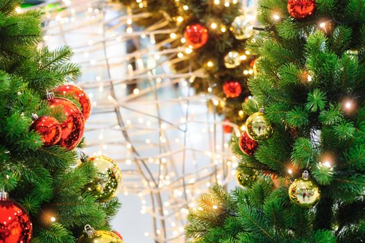beautiful red and yellow balls on the Christmas tree.