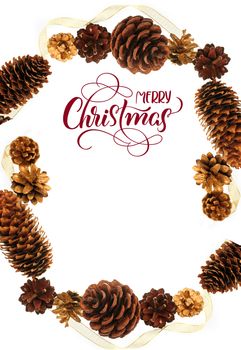 frame of pine cones and text Merry Christmas. Calligraphy lettering.