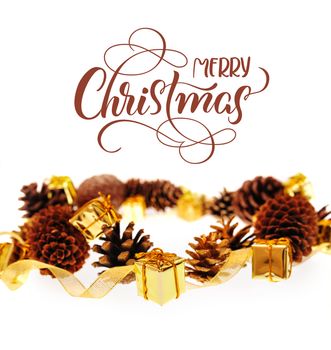 bumps and Golden gifts on white background with text Merry Christmas. Calligraphy lettering.