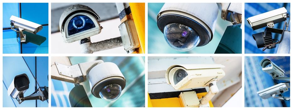 Panoramic collage of closeup security CCTV camera or surveillance system