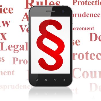 Law concept: Smartphone with  red Paragraph icon on display,  Tag Cloud background, 3D rendering