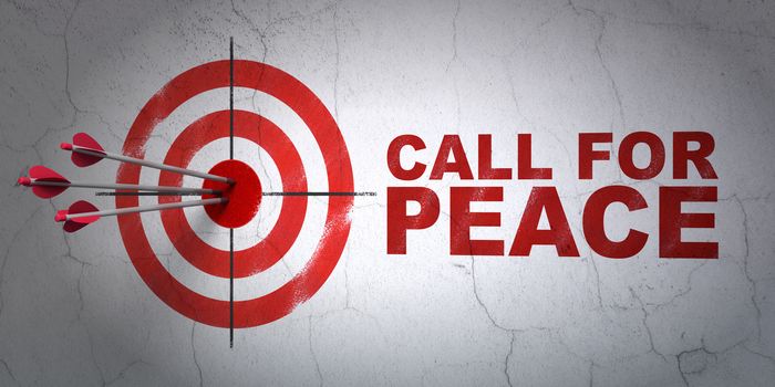 Success political concept: arrows hitting the center of target, Red Call For Peace on wall background, 3D rendering