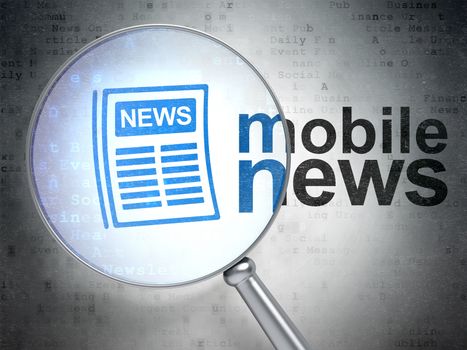 News concept: magnifying optical glass with Newspaper icon and Mobile News word on digital background, 3D rendering