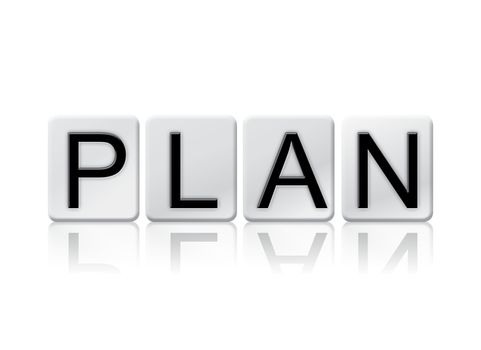 The word "Plan" written in tile letters isolated on a white background.