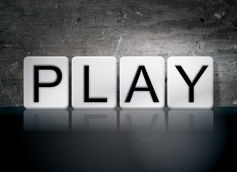 The word "Play" written in white tiles against a dark vintage grunge background.