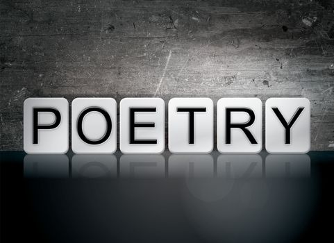 The word "Poetry" written in white tiles against a dark vintage grunge background.