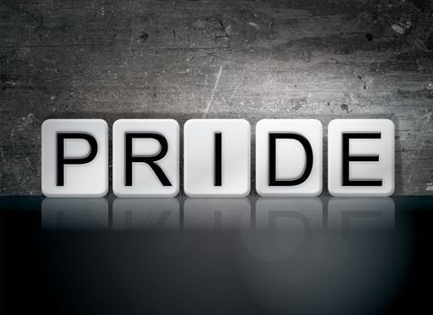 The word "Pride" written in white tiles against a dark vintage grunge background.