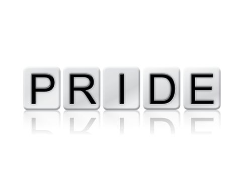 The word "Pride" written in tile letters isolated on a white background.