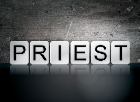 The word "Priest" written in white tiles against a dark vintage grunge background.