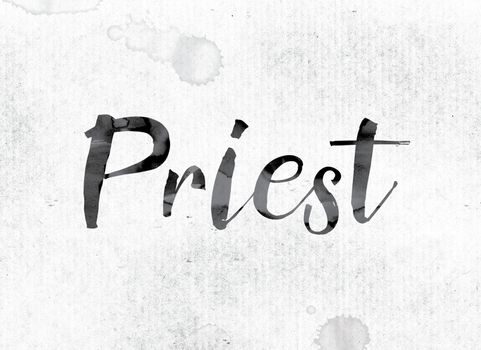 The word "Priest" concept and theme painted in watercolor ink on a white paper.