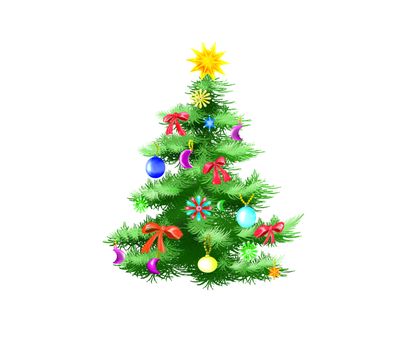 Festively Decorated Christmas Tree Isolated on White Background.  Illustration in a classic cartoon style.