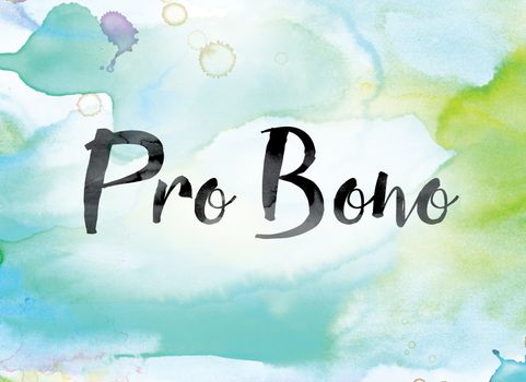 The word "Pro Bono" painted in black ink over a colorful watercolor washed background concept and theme.