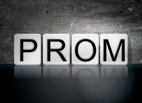 The word "Prom" written in white tiles against a dark vintage grunge background.