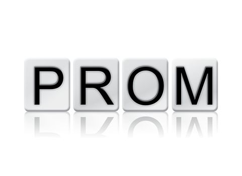 The word "Prom" written in tile letters isolated on a white background.