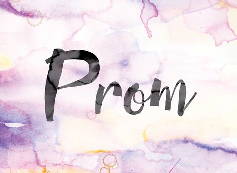 The word "Prom" painted in black ink over a colorful watercolor washed background concept and theme.