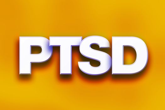 The word "PTSD" written in white 3D letters on a colorful background concept and theme.