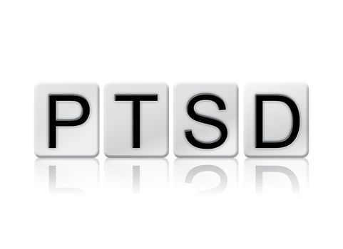 The word "PTSD" written in tile letters isolated on a white background.