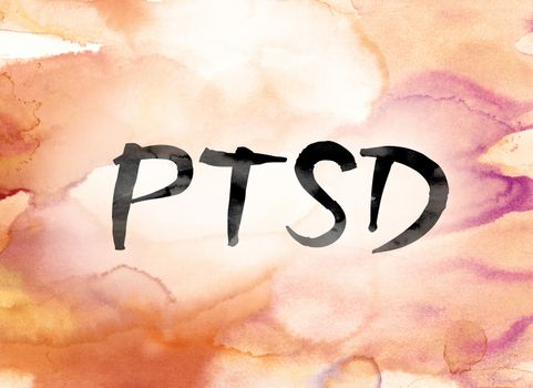 The word "PTSD" painted in black ink over a colorful watercolor washed background concept and theme.