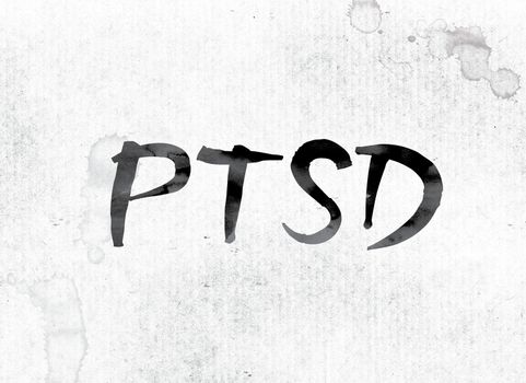 The word "PTSD" concept and theme painted in watercolor ink on a white paper.