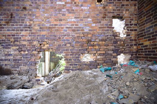 wide angle view of an old wall abandoned factory building