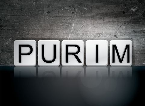 The word "Purim" written in white tiles against a dark vintage grunge background.