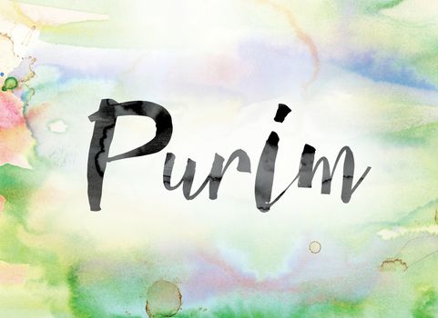 The word "Purim" painted in black ink over a colorful watercolor washed background concept and theme.