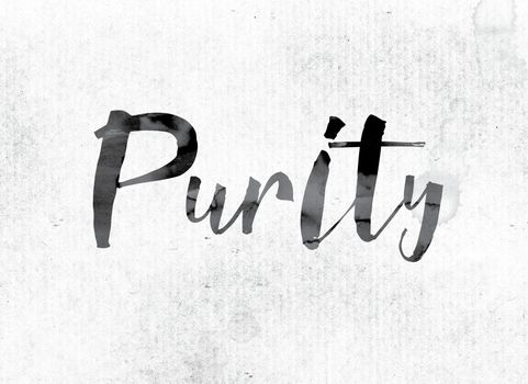 The word "Purity" concept and theme painted in watercolor ink on a white paper.